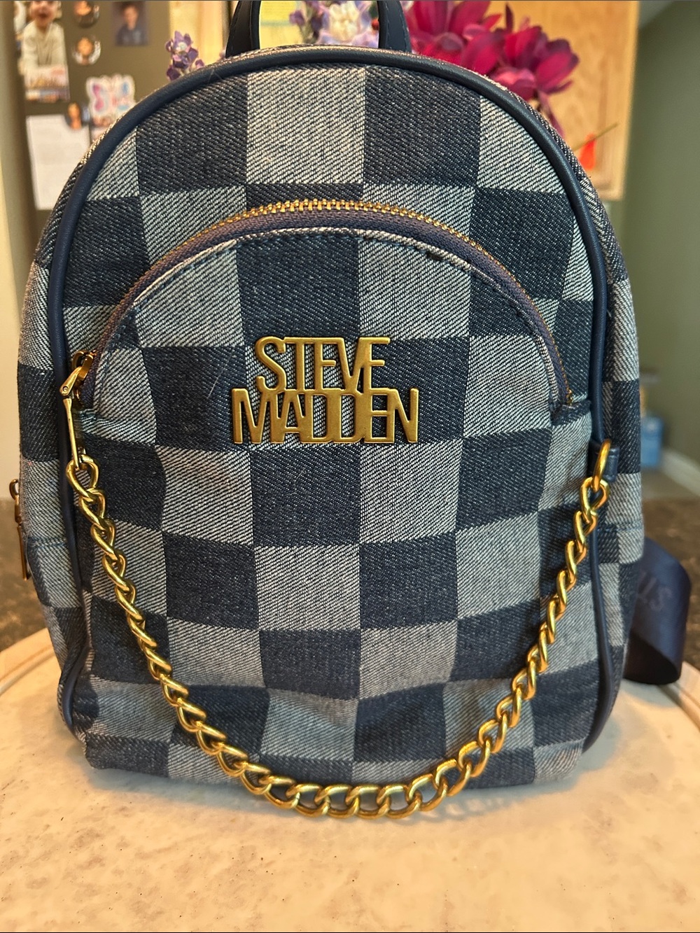 Steve Madden Blue Check Denim Mini Backpack with Gold Chain
